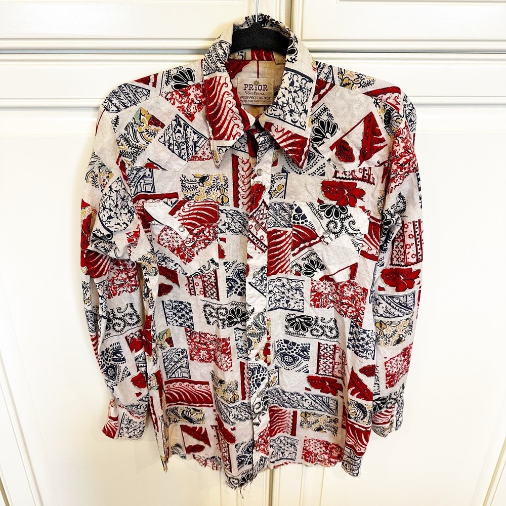 Vintage American Prior Westerns Pearl‎ Snap Red Blue Mens Country Rodeo Shirt